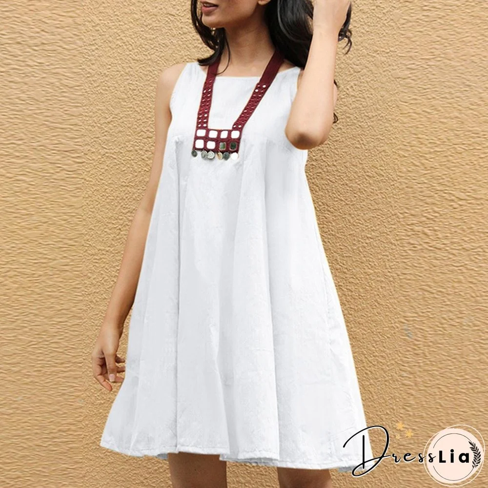 Women Sleeveless Mini Dress Summer Cotton Party Casual Loose Pleated Dress Plus Size Clothes