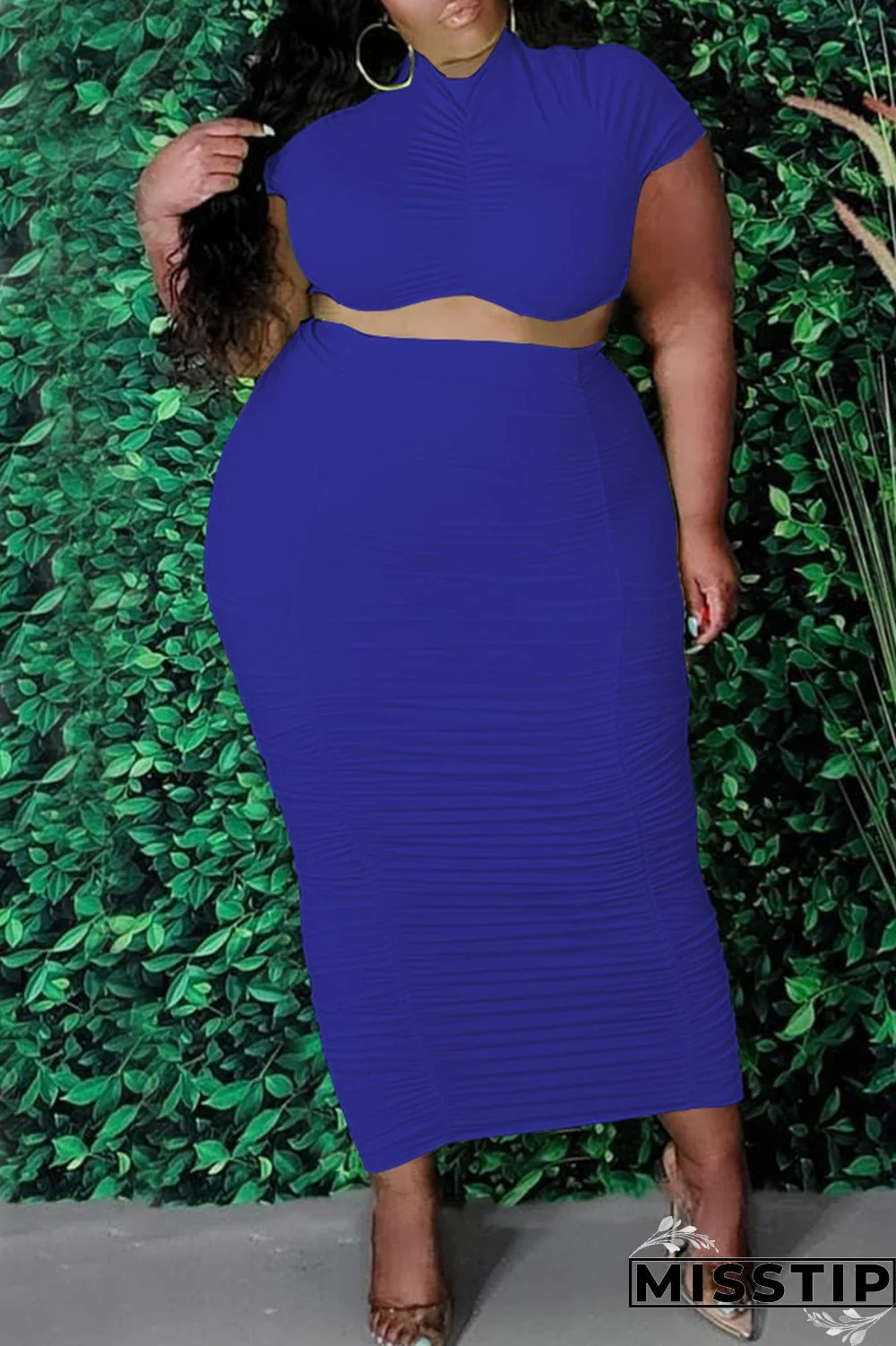 Tibetan Blue Fashion Casual Solid Fold O Neck Plus Size Two Pieces