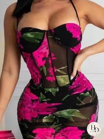 Dresses Suspenders Mesh Print Bodycon Dresses for Women