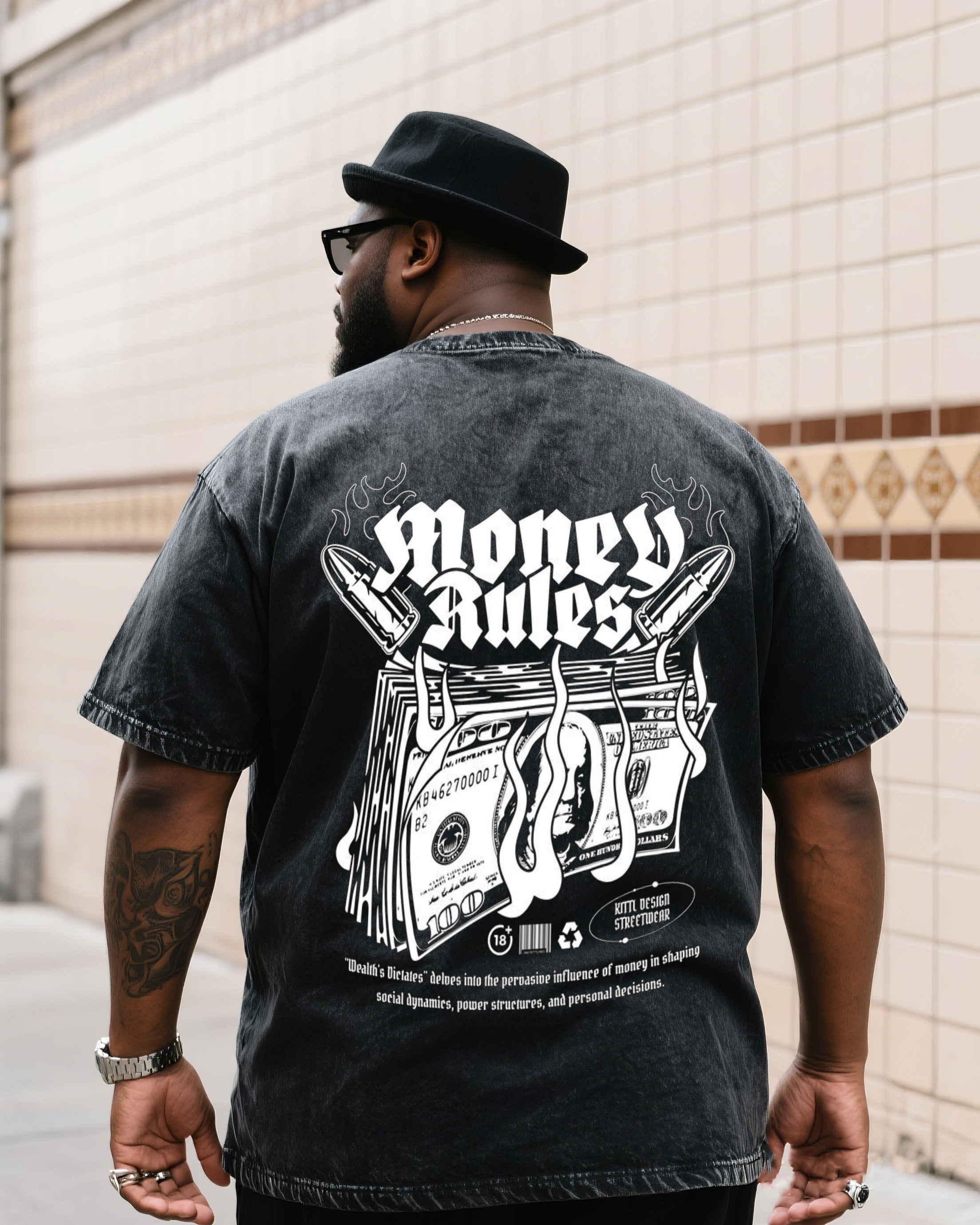 Plus Size Men's Fashion Street Money Creative English Printed Denim Short-sleeved T-shirt Front Solid Color