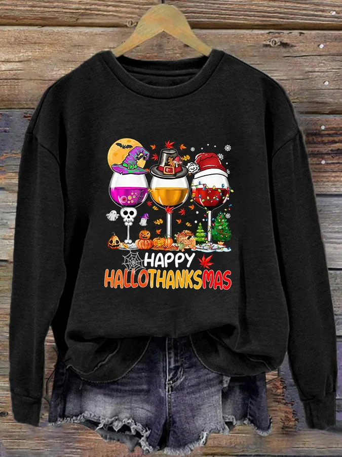 Women's Happy Hallothanksmas Wine Print Crew Neck Long Sleeve Sweatshirt