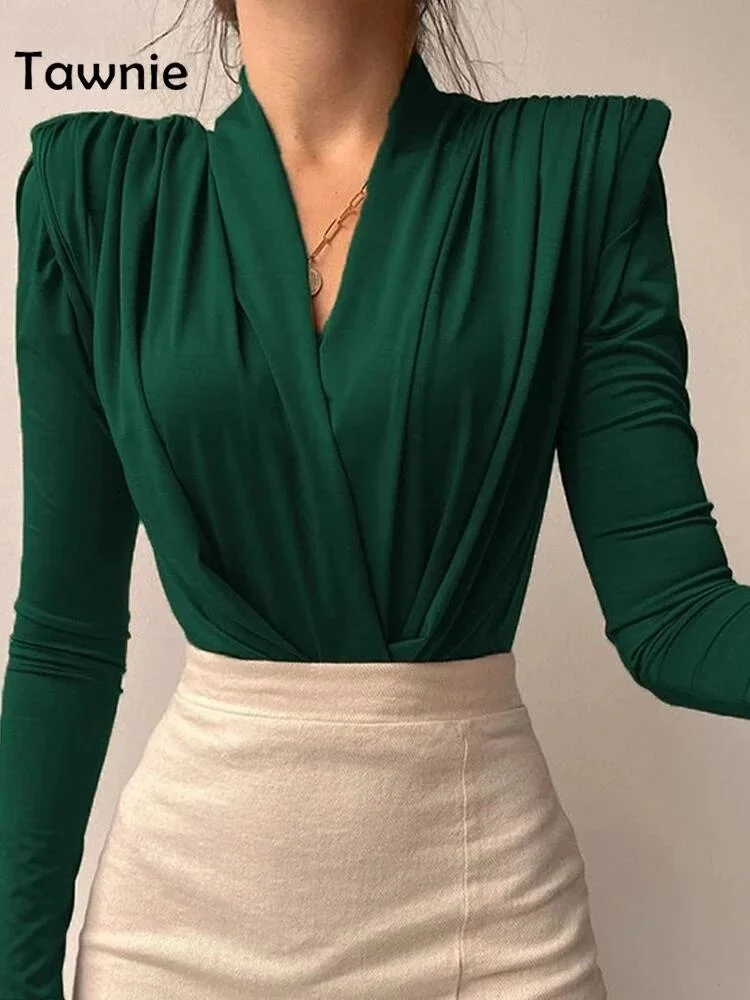 Tawnie 2022 Women V Neck Long Sleeve T Shirt with Shoulder Pads Green Sexy Elegant Autumn Winter Ruched Top Tshirts Casual Brown