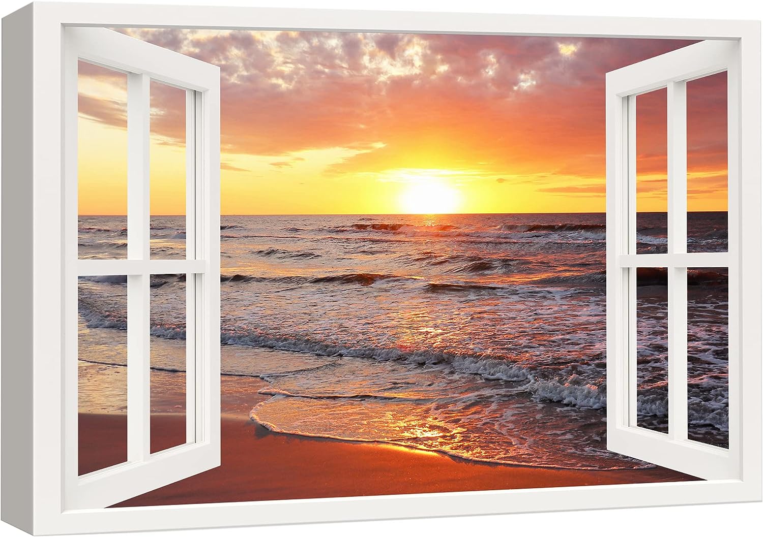 wall26 Canvas Print Wall Art Window View Orange Sun Sunset Sky Beach Ocean Waves Wilderness Nature Photography Realism Scenic Landscape Colorful Multicolor for Living Room, Bedroom, Office - 16 inch x24 inch  16&#034;x24&#034;