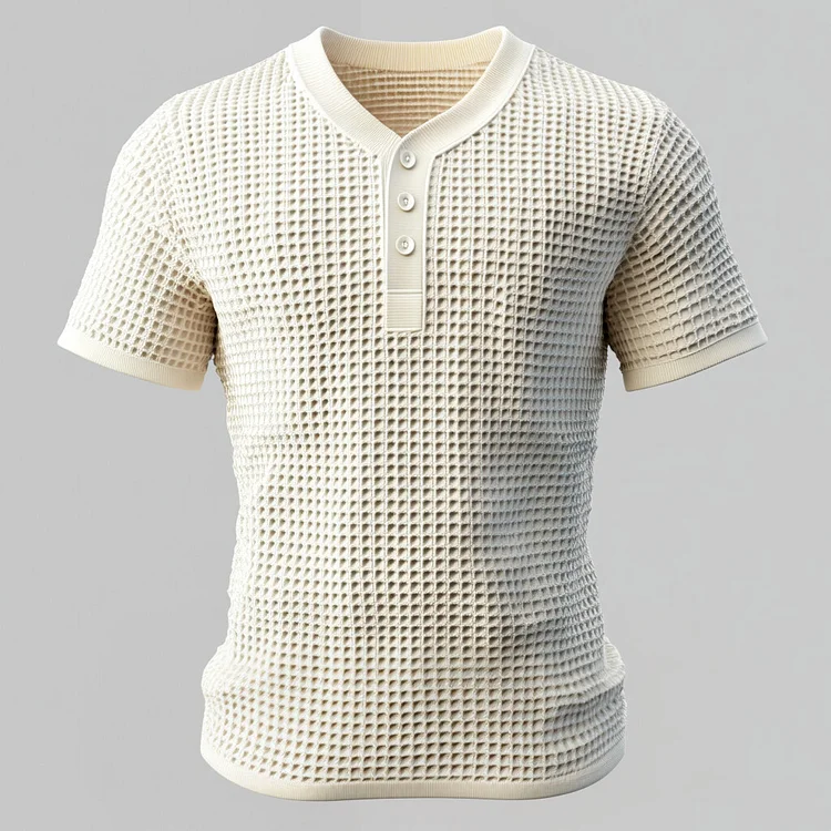 Men's Half Button Short Sleeve Grid Texture Shirt