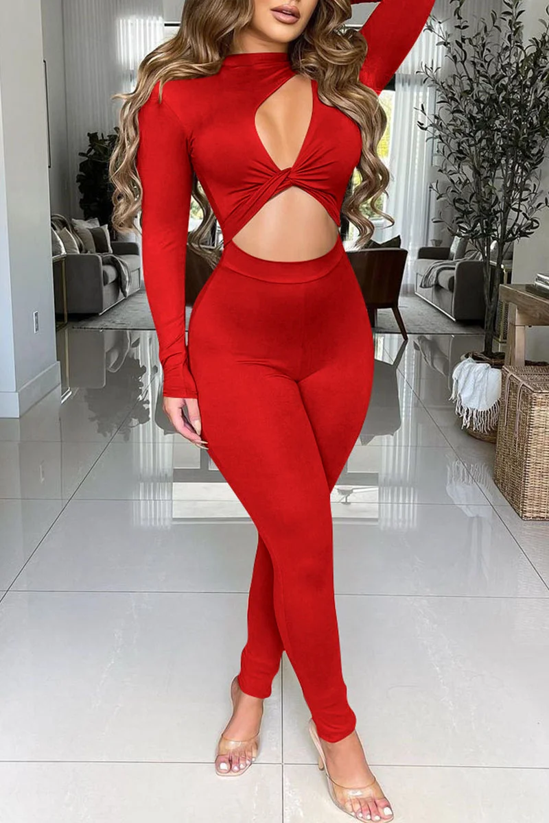 Red Sexy Solid Hollowed Out Patchwork O Neck Regular Jumpsuits | EGEMISS