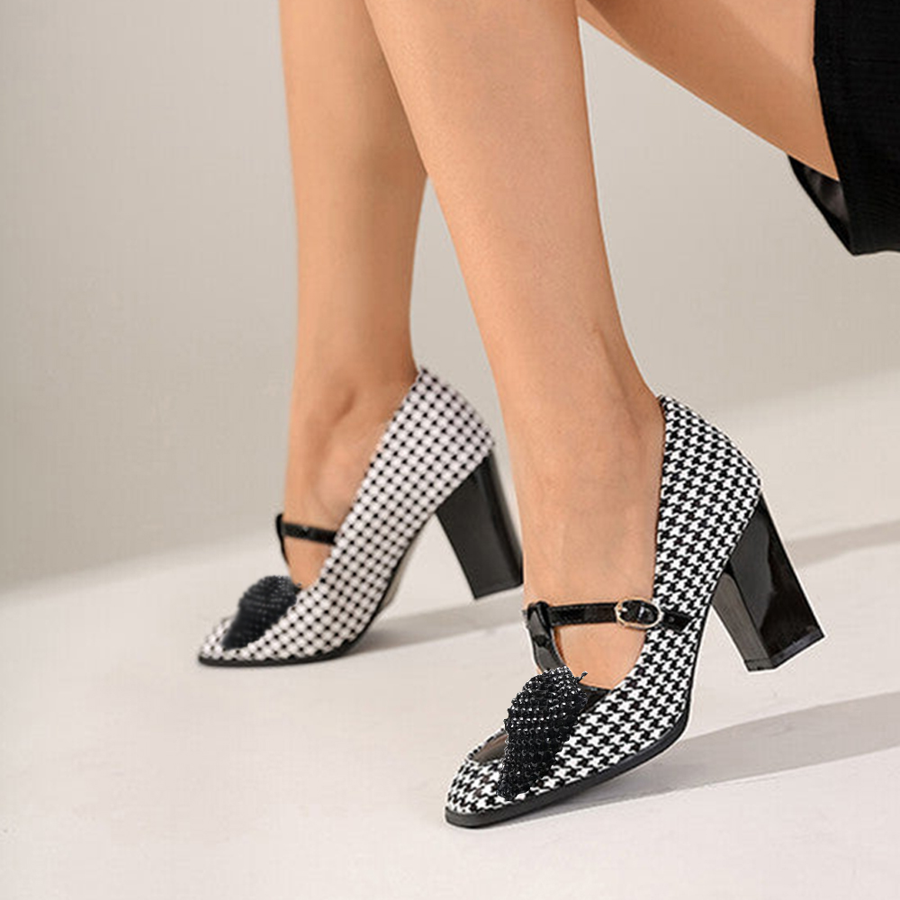 Black & White Textile Square Toe 3'' Chunky Heel Pumps with Bow Nicepairs