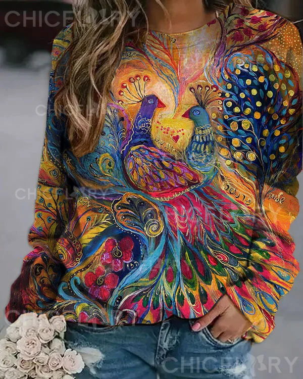 Women's Floral Peacock Print Loose Sweatshirt