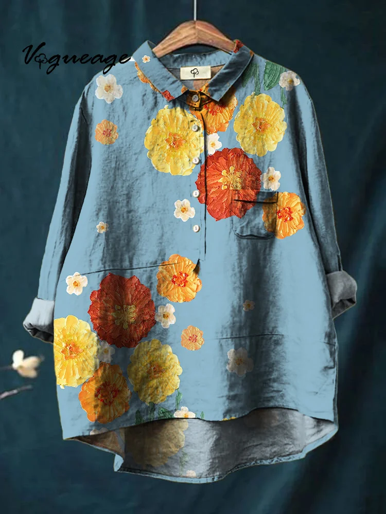 Simple And Comfortable Realistic Oil Painting Flowers Print Cotton And Linen Shirt