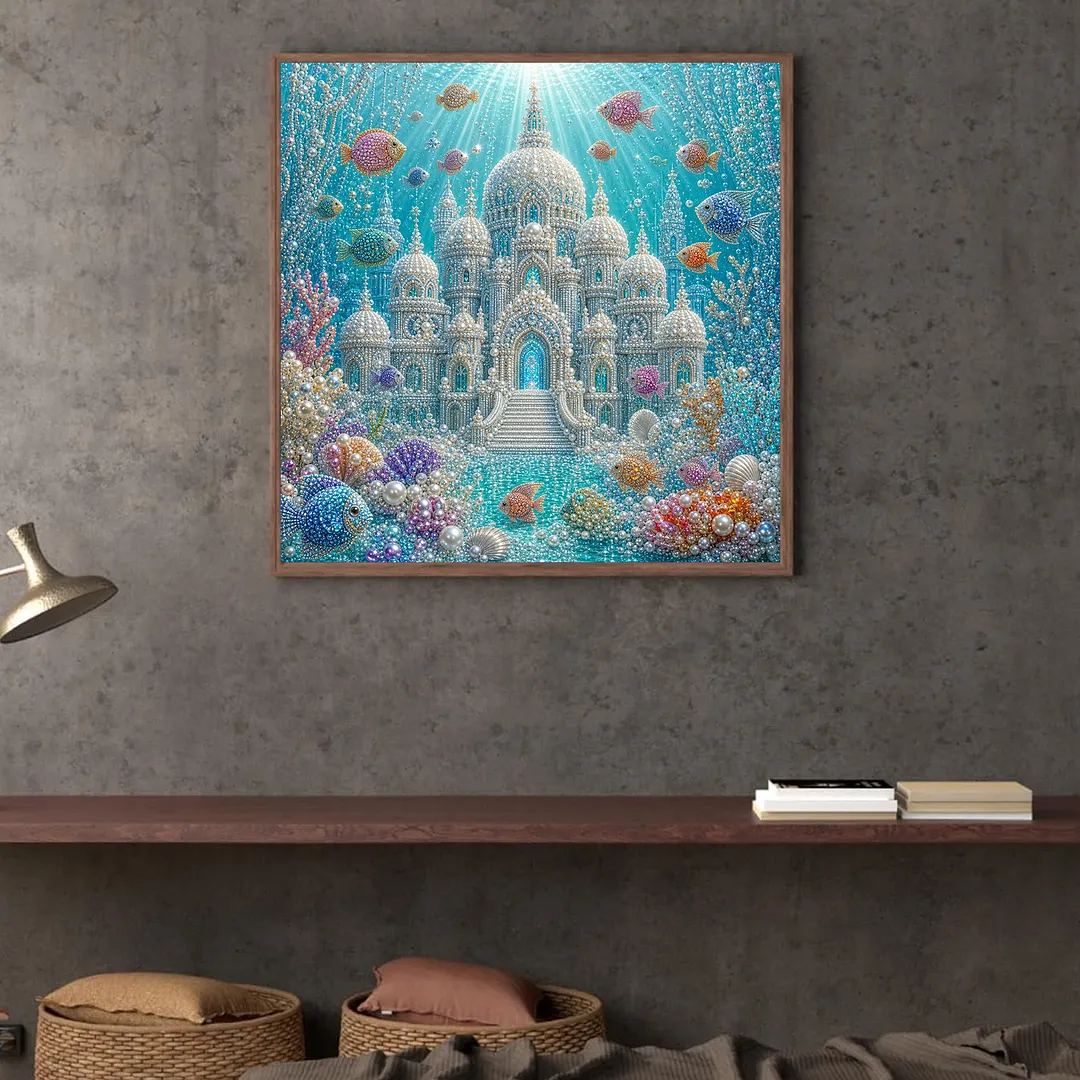 Underwater Castle Pearl Full DIY 5D Round Drill Gem Art Diamond Painting Kits 15.75x15.75 in Diamond Dots Paintings Picture Arts Craft Diamond Art Kits for Adults Beginner Home Wall Decor