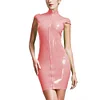 High Neck Wetlook Bodycon Mini Dress Women Short Sleeve Turtleneck Slim PVC Dress Ladies Full Zipper Dress Plus Size Clubwear
