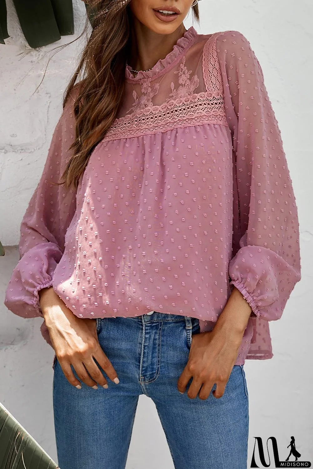 MidiSono - Frill Neck Swiss Dot Puff Sleeve Blouse