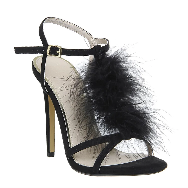 Black Suede Open Toe T Strap Stiletto Heel Sandals with Fur Accent Vdcoo