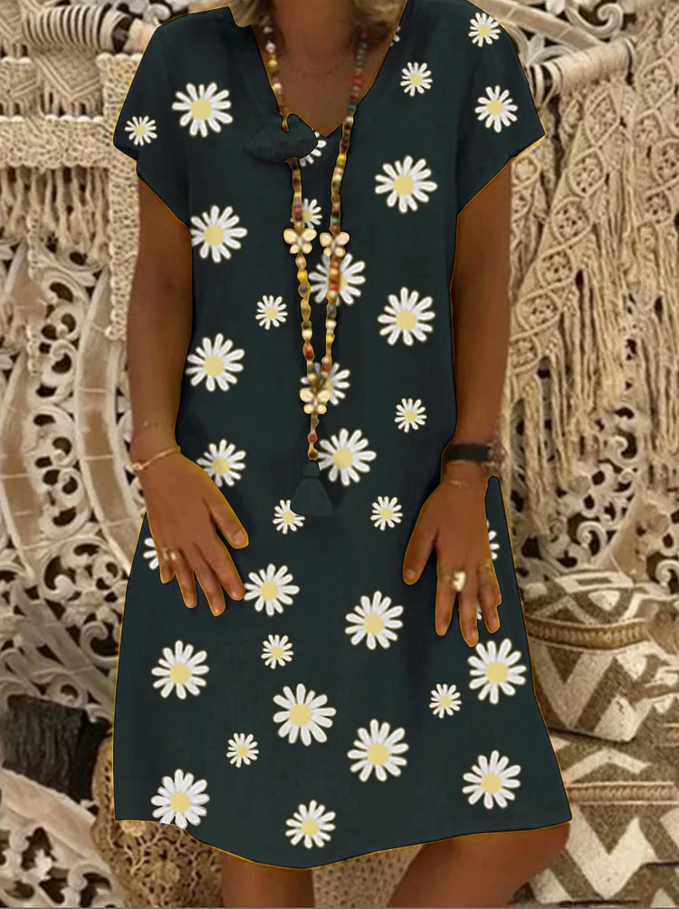 Elegant Bohemian Casual V Neck Short Sleeve Daisy Print Dress