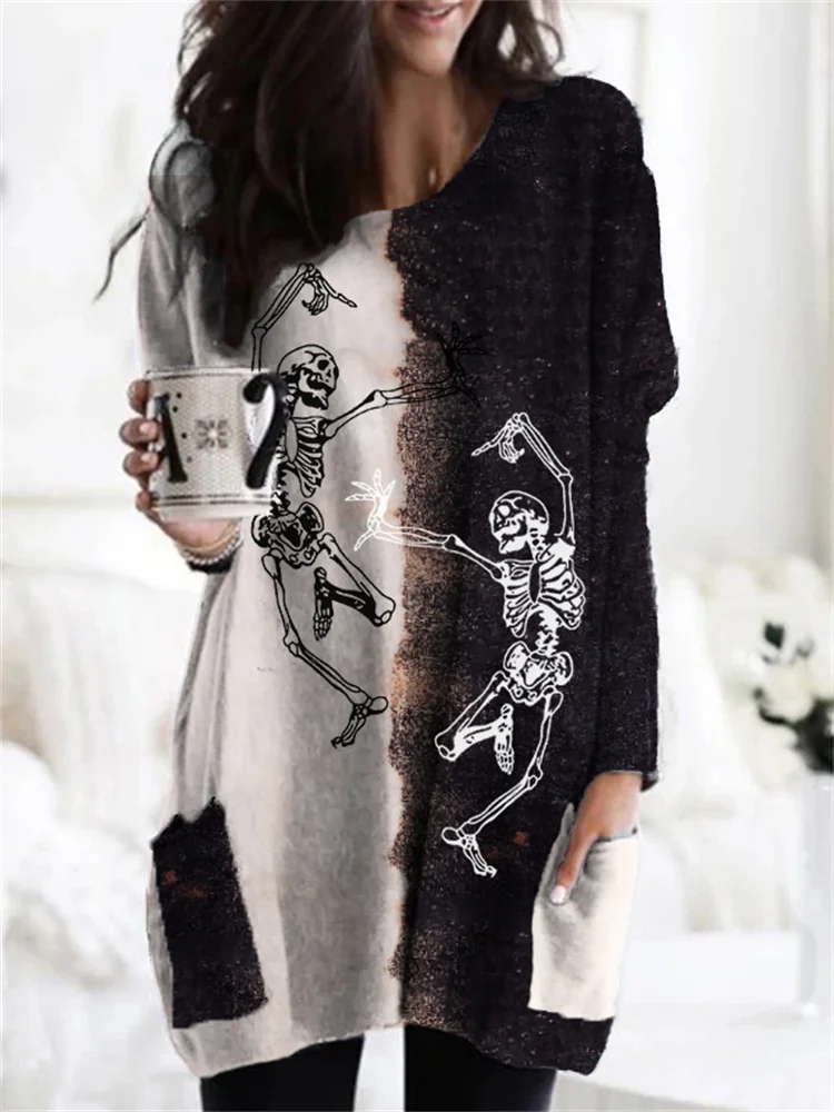 Vefave Halloween Dancing Skeletons Contrast Bleached Tunic