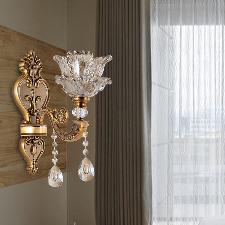 1/2 Bulbs Wall Light Sconce Traditional Living Room Wall Lighting Fixture with Blossom Water Glass Shade in Brass