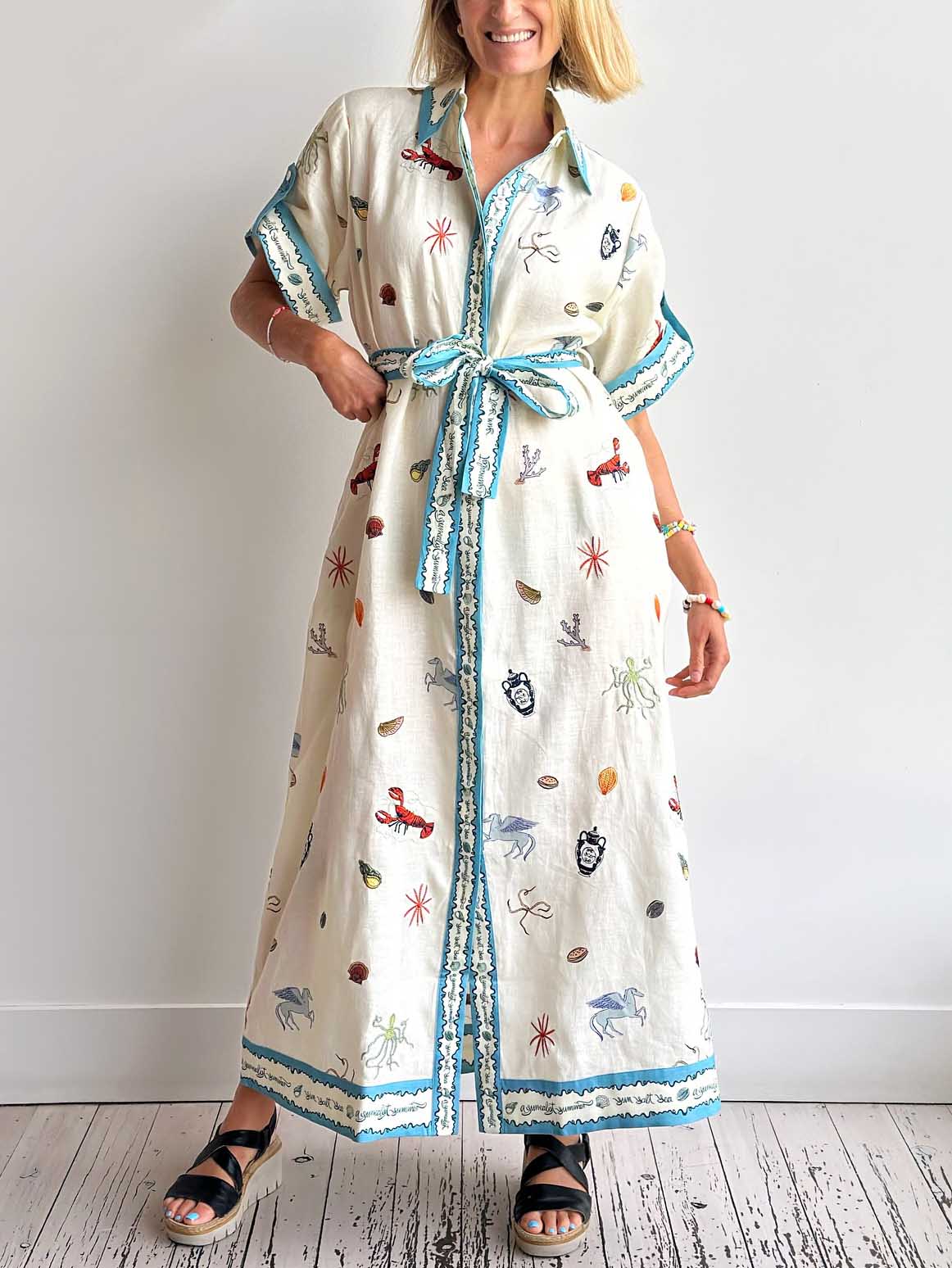 Fresh Ocean Lobster Print Lace-up Midi Shirt Dress