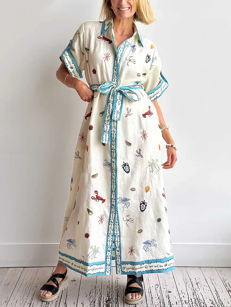 Fresh Ocean Lobster Print Lace-up Midi Shirt Dress