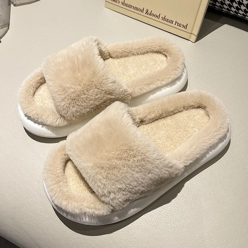 Qengg Women's Furry Slippers for Home Winter Indoor Wear Non-slip Thick Soled Fashion Soft Cotton Shoes Woman Large Size Fur Slides