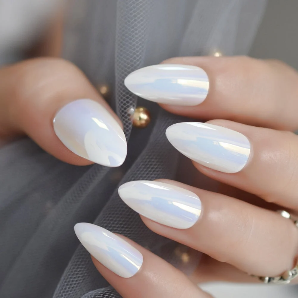 Unicorn Chrome Nails Fake Almond Medium White Acrylic Tips Mirror Shiny Decorative Fingernails with Glue Tabs-Nail Inspo