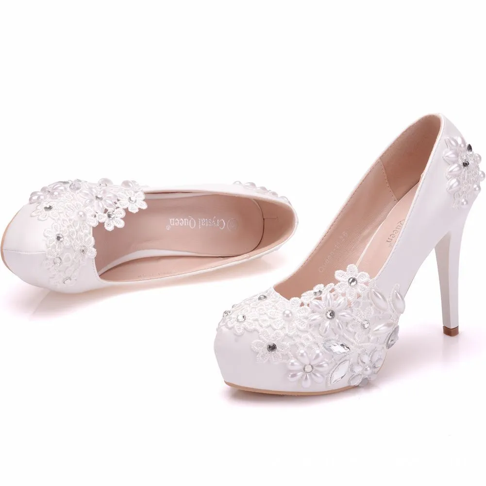 New white platform single shoes stiletto heels women's shoes lace flowers pearl wedding shoes  bridal shoes