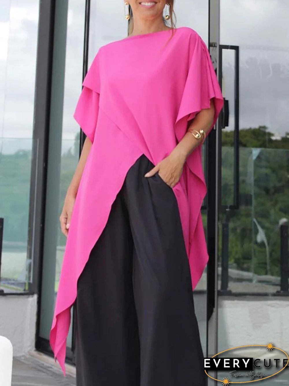 Irregular Clipping Loose Asymmetric Solid Color T-Shirts Tops