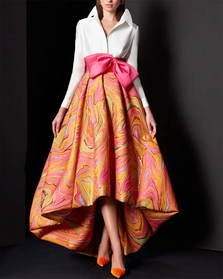 Women's Lapel Bow Print Dress