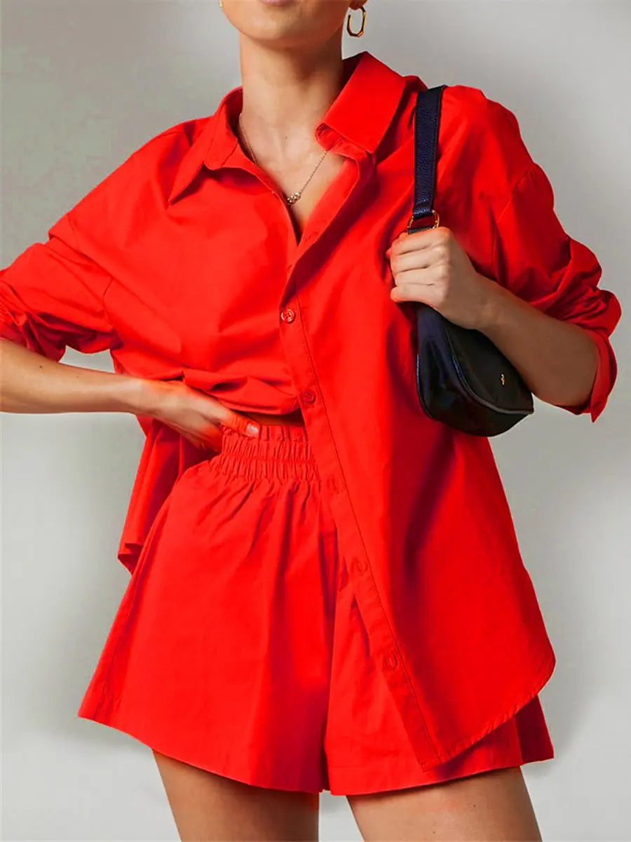 Solid Color Turndown Collar Lomg Sleeve Shorts Suit