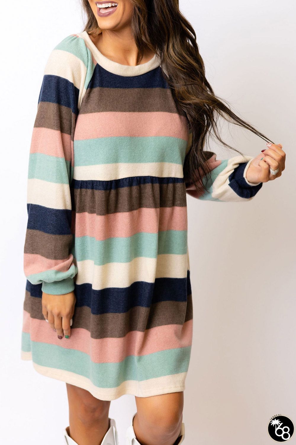 Multicolor Striped Color Block Long Sleeve Mini Dress | 168DEAL