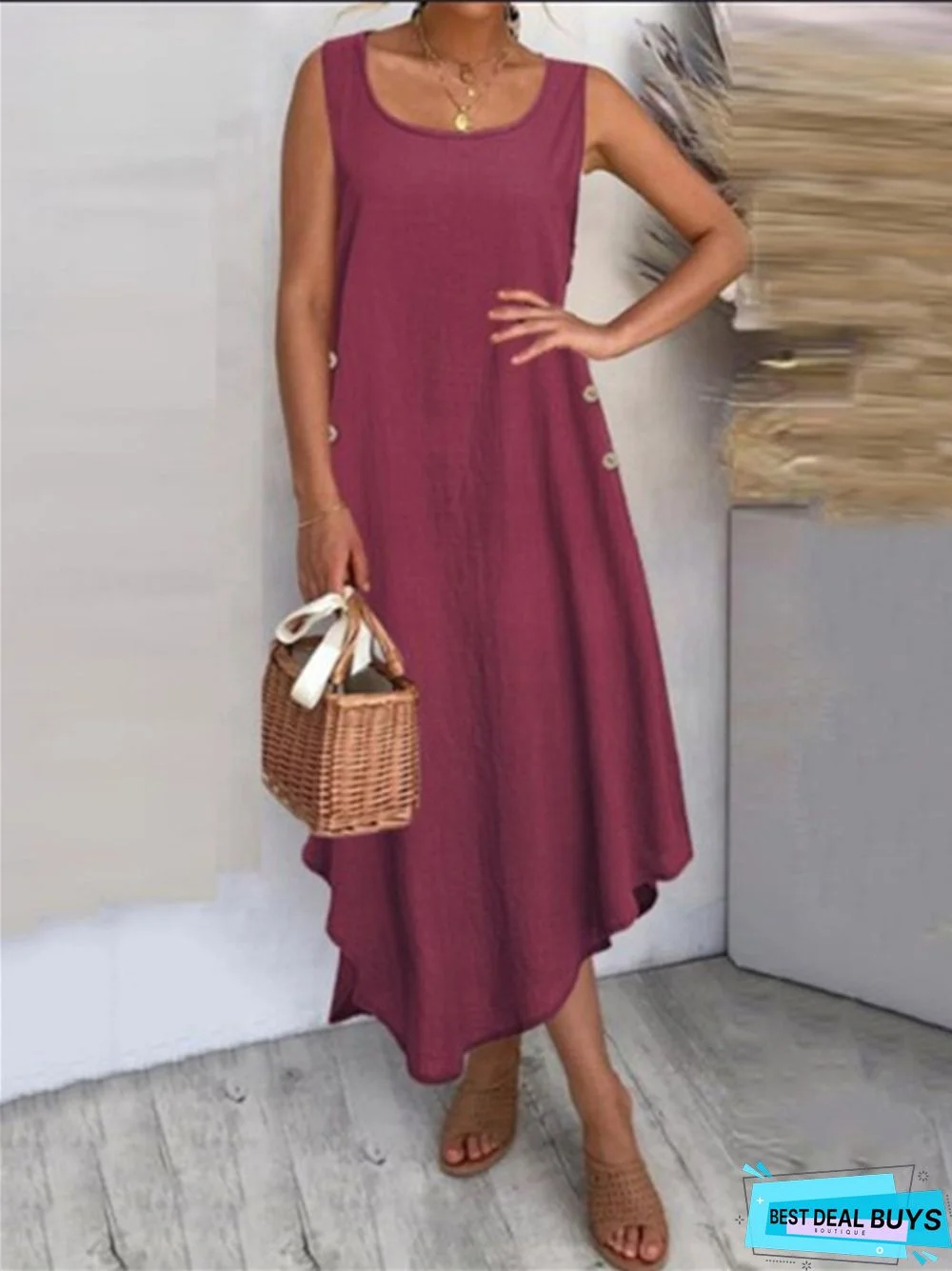 Vest Skirt Cotton Hemp Solid Color Button Irregular Big Hem Dress Long Skirt