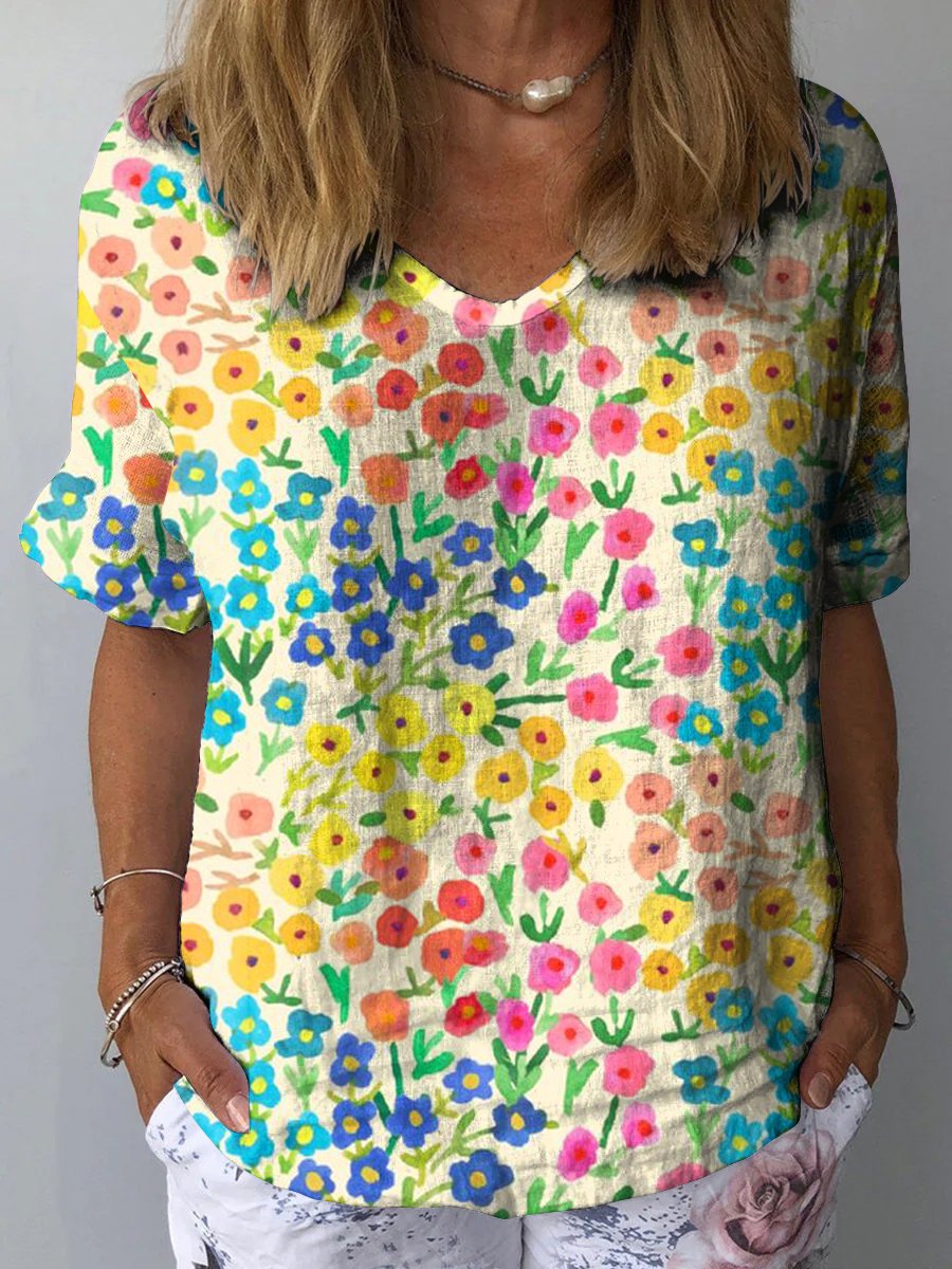 Small Rainbow-colored Flowers Women's Print Casual Cotton And Linen Shirt