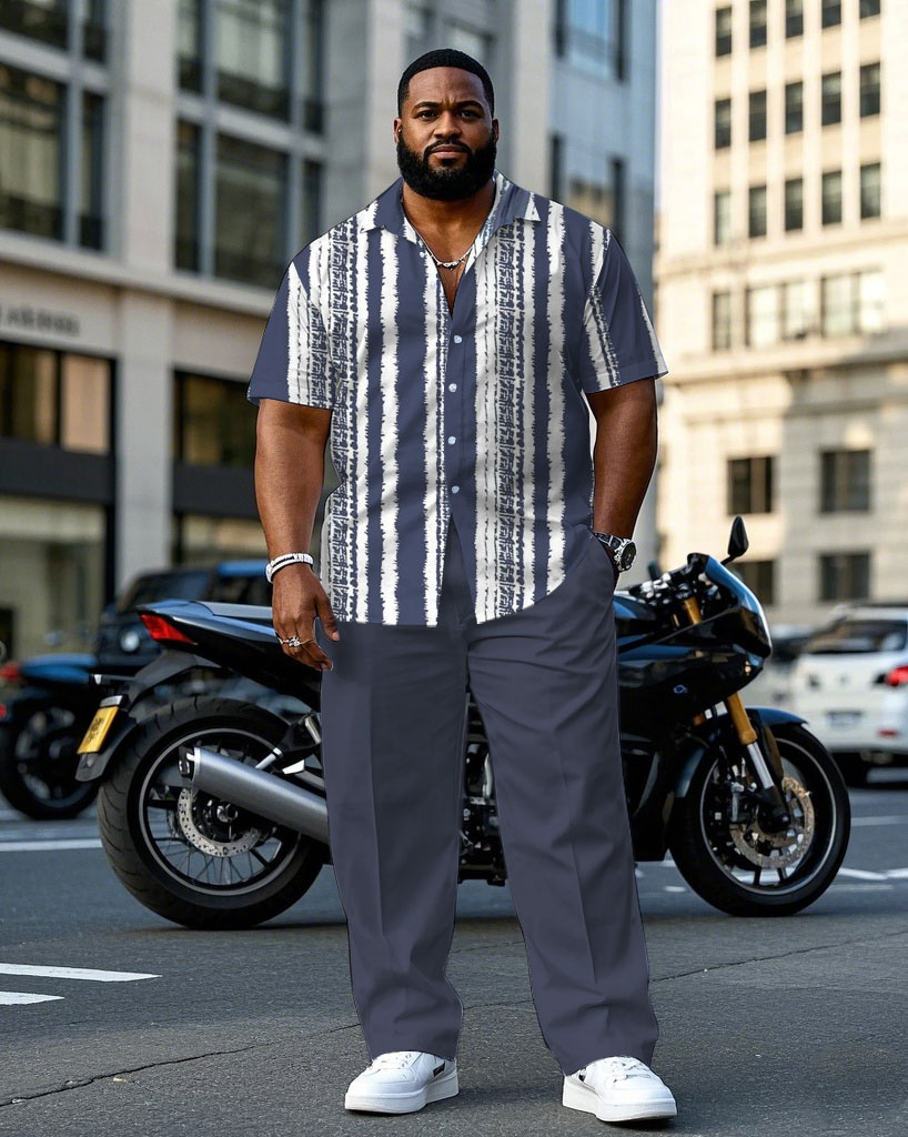 Men's Plus Size Tie Dye Stripe Effect Fog Blue Short Sleeve Shirt Pants Suit