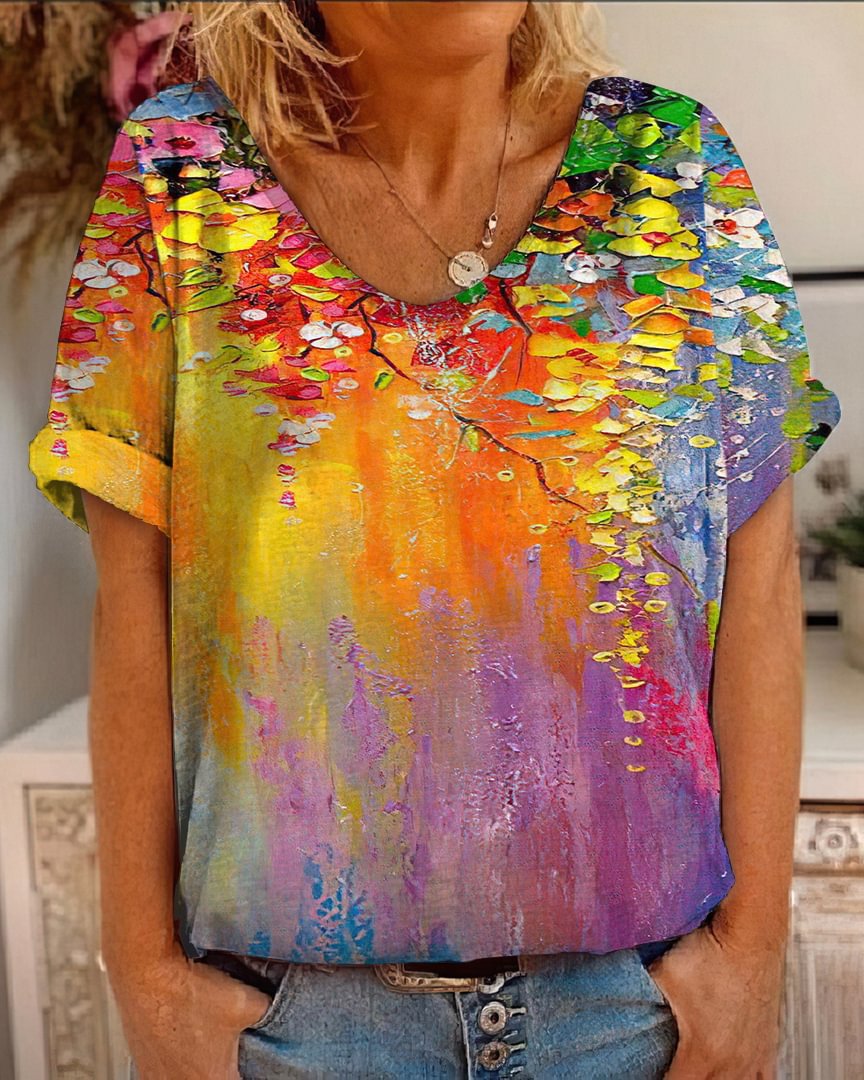 New Floral Painting Print Short Sleeve T-Shirt Women's