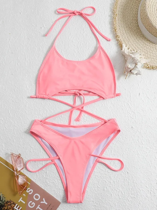 Pure Color Lace-up Lingerie Set