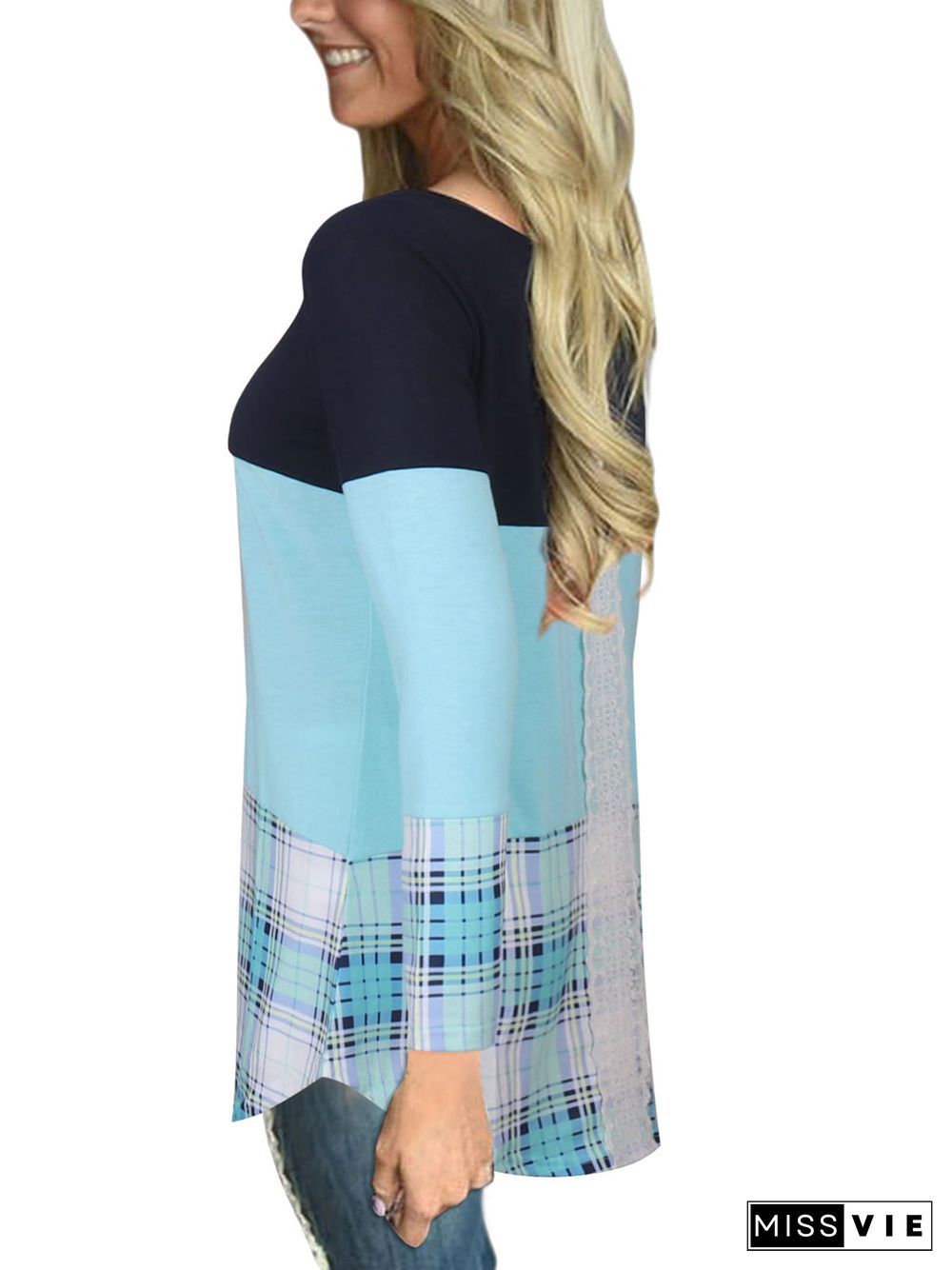 Women's Scoop Neck Long Sleeve Plaid Tops