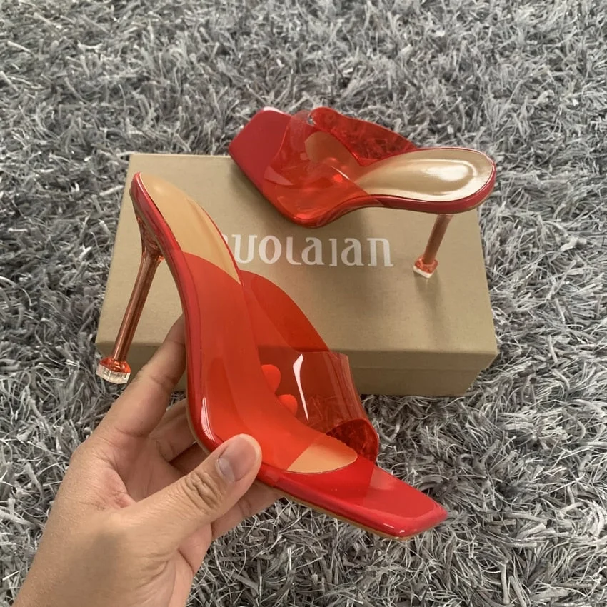 Summer Women sandals Sexy Transparent Heel Slippers Sandal Shoes Woman Thin High Heels Square Toe Sandal Lady Pump Shoes Mules