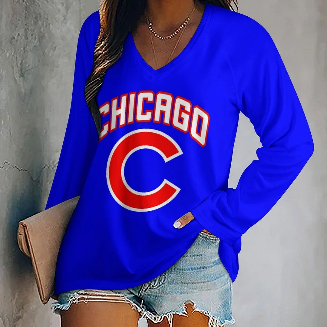 V-neck Long Sleeve Casual T-shirt for  Women and Men Printed with Pattern,Blue,Red