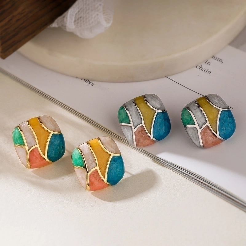 1 Pair Minimalist Commute Color Block Enamel Plating Copper 18k Gold Plated Ear Studs