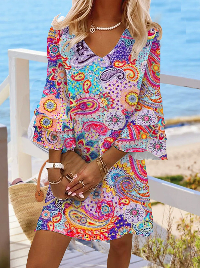 Printed V-neck mini dress