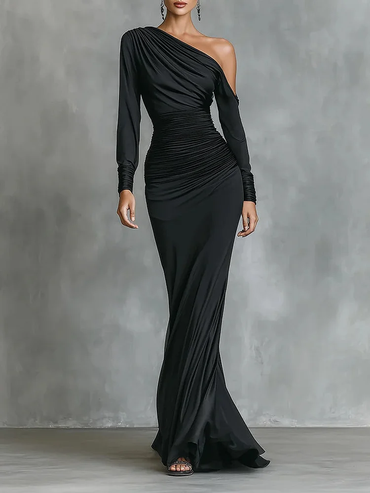 Black Elegant Satin One - Shoulder Ruched Mermaid Maxi Dress