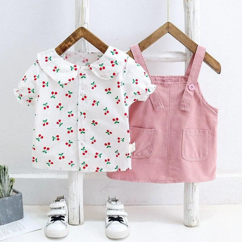 Toddler Girls Clothes Summer Cherry Print Shirt + Skirt 2 Pieces/Set Outfits Children Short Sleeve Strap Dress Suit 1 2 3 4 Year