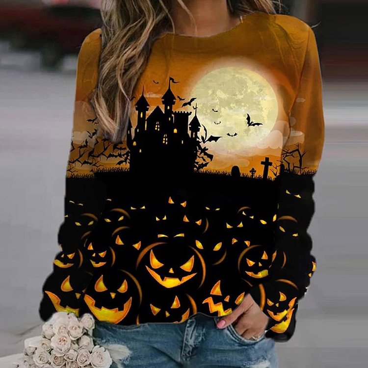 Halloween Day Pumpkin Castle At Night Printed Sweatshirt