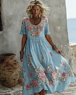 Women's Floral Art Print Flowy Linen Blend Casual Short Sleeve Maxi Dress - Image 7