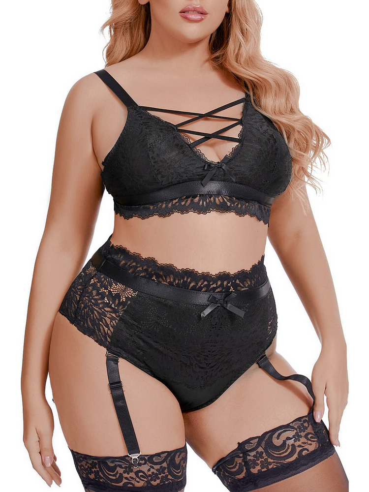 pearlsvibe -  Plus Size Lingerie Set for Women Mesh Black Lace Bra High Waist Suspender 2 Pieces Underwear