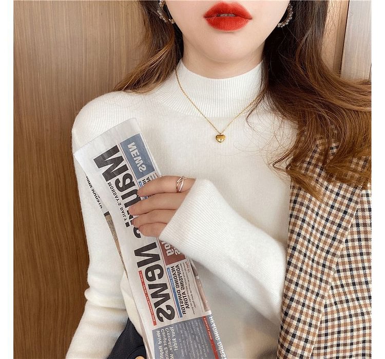 Long-Sleeve Mock Neck Plain Knit Top YY55