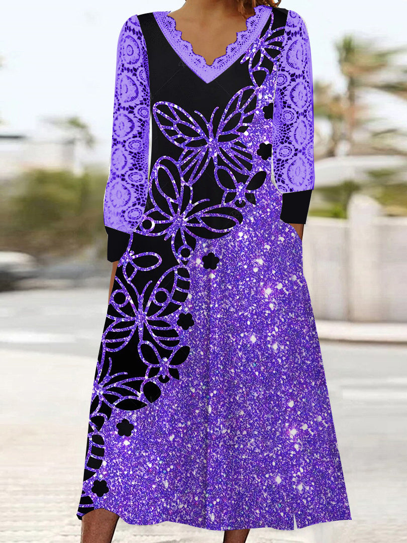 Women's Long Sleeve V-neck Graphic Lace Pockets Midi Dress