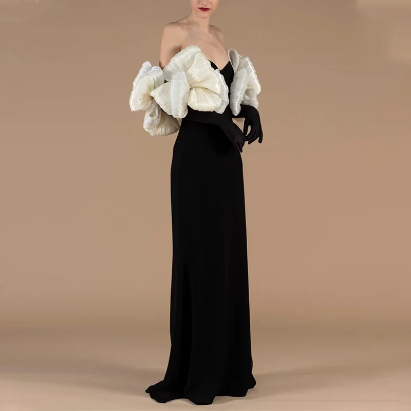 Zingj Famous Wind Dress Women 2025 Spring New Temperament Elegant Fashion Collage Splicing Word Shoulder Drag Dress