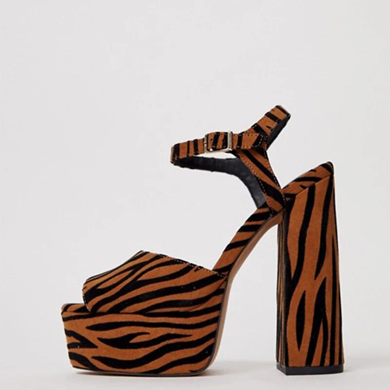TAAFO Tiger Pattern Ankle Strap Platform Sandals Woman High Chunky Heels Buckle Ladies Party Shoes