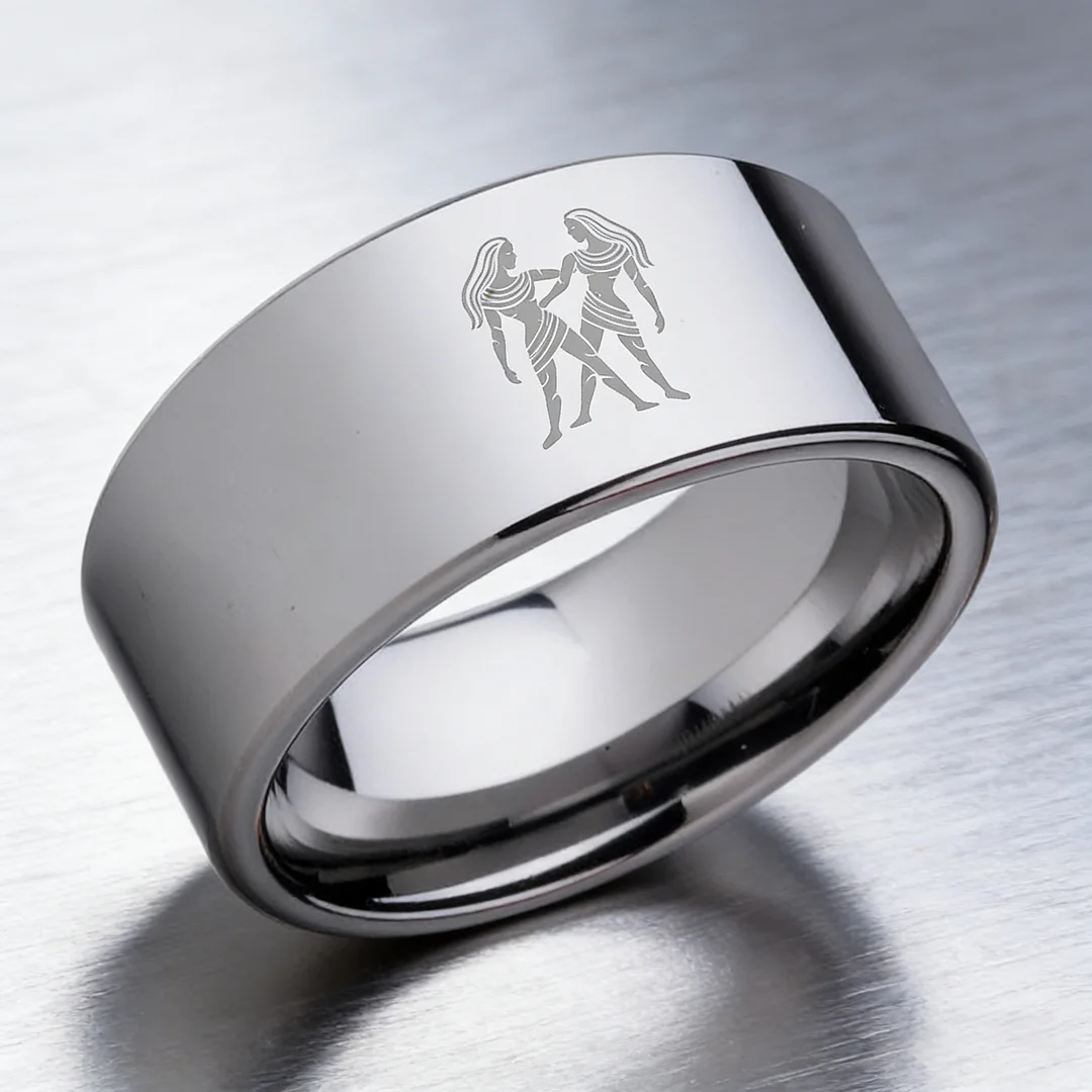 4MM 6MM 8MM 10MM Silver Flat Tungsten Carbide Rings Zodiac Gemini Laser Mens Womens Wedding Bands Comfort Fit
