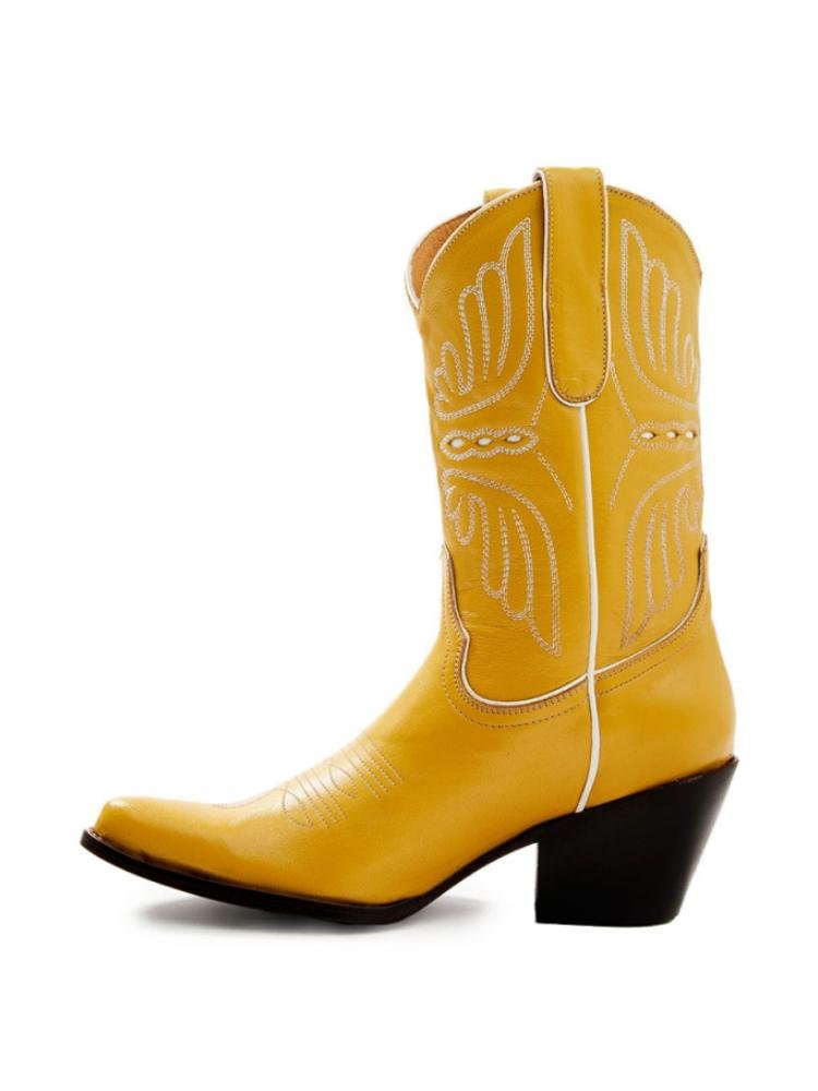 Embroidered Round Toe Slanted Heel Western Mid Calf Boots