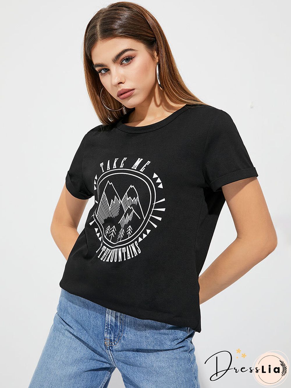 Stick Figure Landscape Print Crew Neck Short Sleeve T-shirt